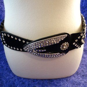 Genuine Black Leather Rhinestone Studded Stretch Belt L-XL Made in China
